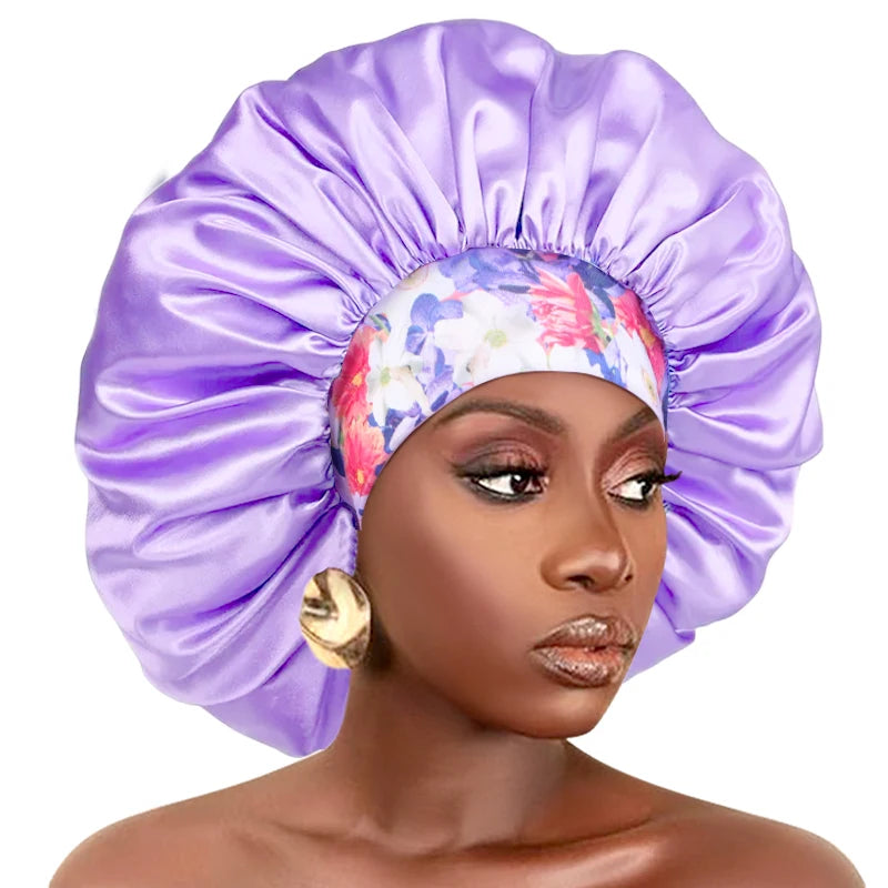 Women Extra Large Silky Satin Hair Bonnet Thick Hair Sleep Cap Elastic Band Beanie African Headwrap Flower Turban Chemo Caps
