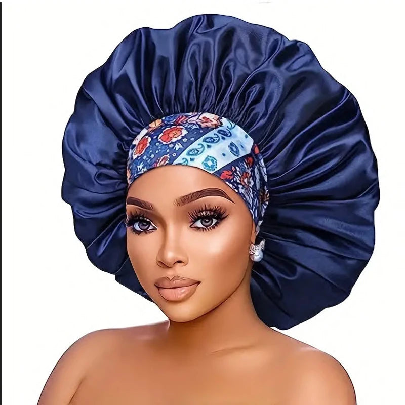 Women Extra Large Silky Satin Hair Bonnet Thick Hair Sleep Cap Elastic Band Beanie African Headwrap Flower Turban Chemo Caps