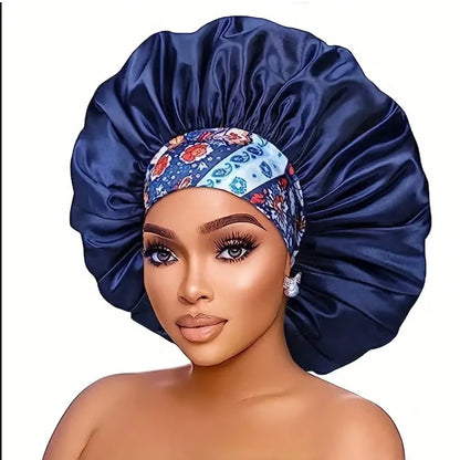 Women Extra Large Silky Satin Hair Bonnet Thick Hair Sleep Cap Elastic Band Beanie African Headwrap Flower Turban Chemo Caps