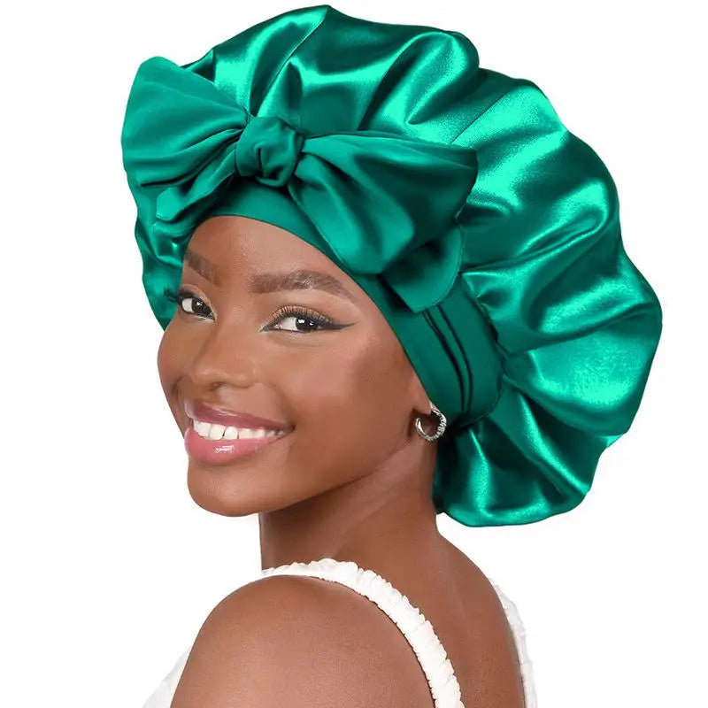 New Elegant Satin Lined Bonnet Double Layered Ribbon Round Hat Wide Brimmed Bath Hat Black Sleep Cap for Women Curly Hair