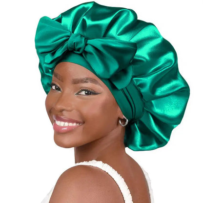 New Elegant Satin Lined Bonnet Double Layered Ribbon Round Hat Wide Brimmed Bath Hat Black Sleep Cap for Women Curly Hair