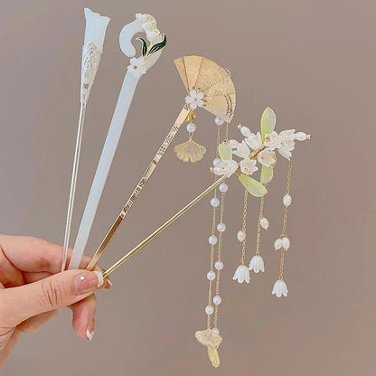 Elegant Chinese Style Hair Accessories Vintage Spring Flower Element Hairpins Light Luxury Tassel Hair Stick For Women Girls