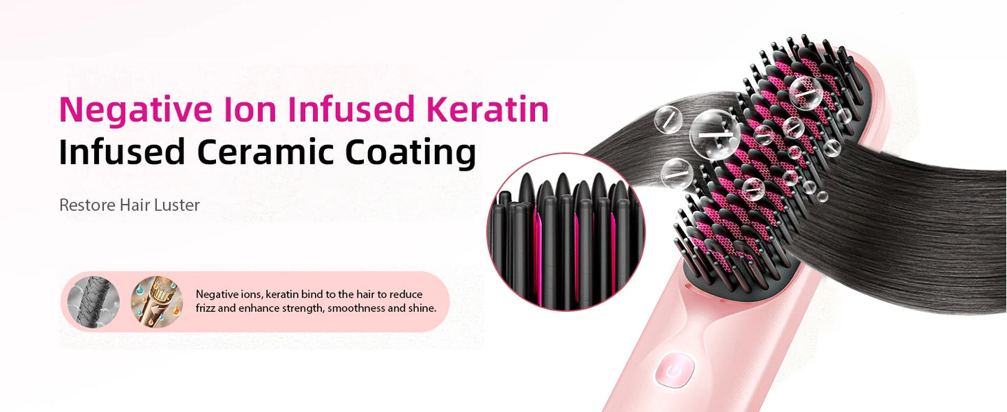 Cordless Hair Straightener Portable Brush 30s Fast Heating 10000mAh Rechargeable 300 Million Negative Ions Straightening Comb