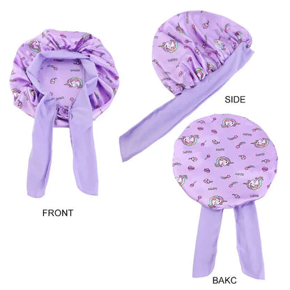 New Kids Unicorn Satin Bonnet Wide Elastic Band Ribbon Sleeping Cap Curly Natural Hair Child Night Caps Shower Cap Headscarf