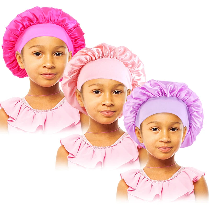 3pcs/lot Baby Stertchy Band Stain Bonnet Silk Wide Band Sleeping Cap Kids Turban Night Hat Care Beanie Silky Solid Color Turban