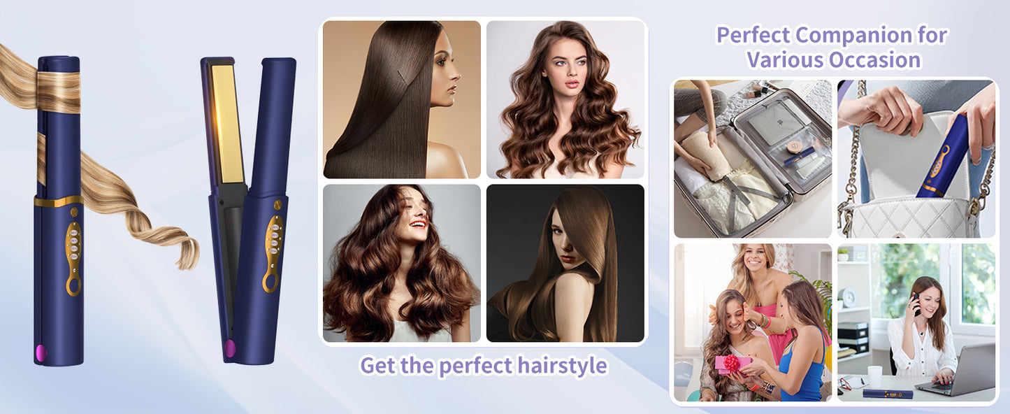 Cordless Hair Straightener Safety Lid Fast Heating Flat Iron Portable Straightener 2 in 1 for Hair Straightening and Curling