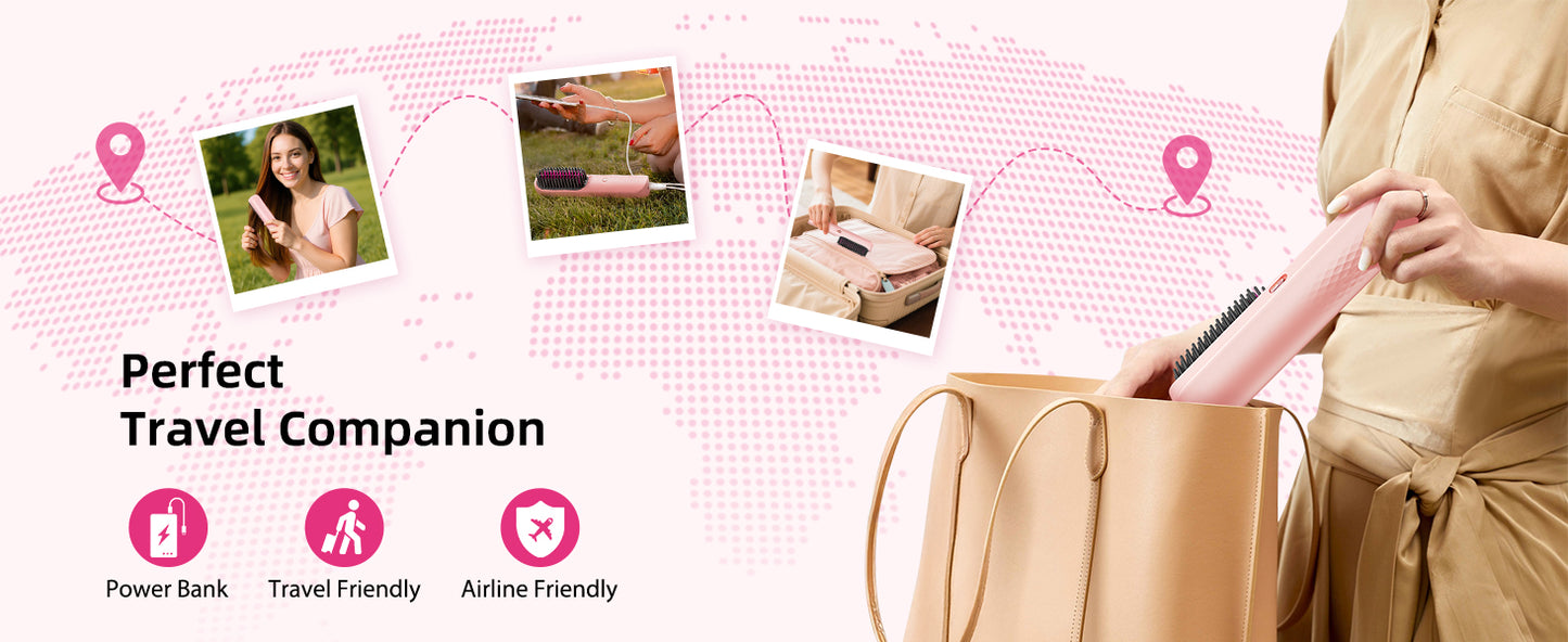 Cordless Hair Straightener Brush 450°F Adjustable Temp 30s Fast Heating 10000mAh Travel Wireless Straightening Comb Adult Kids